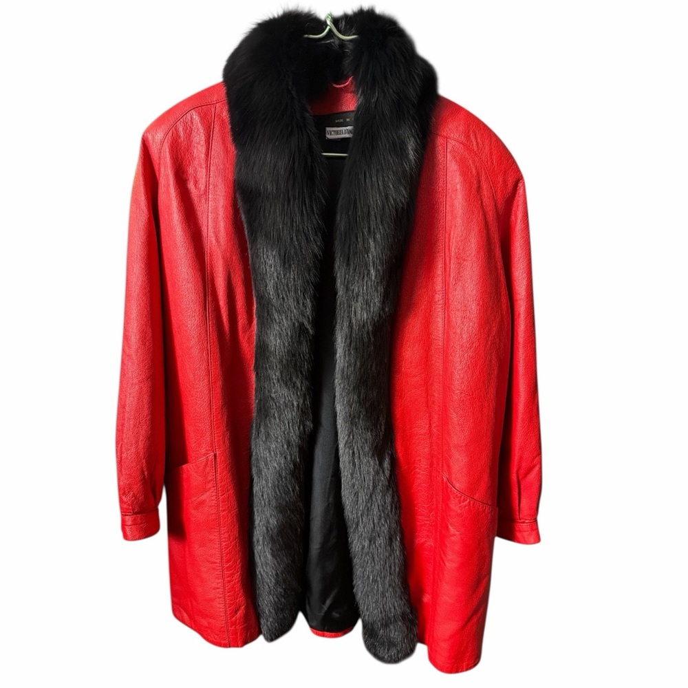 Red Leather Fox Fur Trim Coat